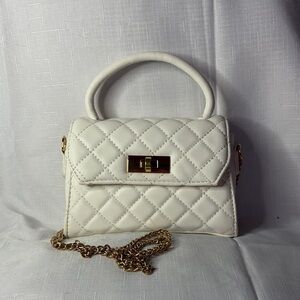White Quilted Mini Satchel/Crossbody Bag w/turn lock and gold chain EUC